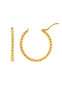 Orecchini a cerchio in oro con un design intrecciato, caratterizzati da una superficie testurizzata e una chiusura a gancio sicura.