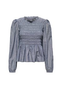 Helles blaues Bluse mit Puffärmeln, gerafftem Oberteil und gezacktem Saum, aus einem strukturierten Stoff mit kleinen, erhöhten Punkten überall.