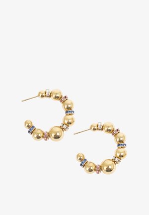 Pendientes de aro de oro con cuentas redondas y separadores de colores alternados en azul, rosa y transparente. El diseño es circular con un acabado pulido.