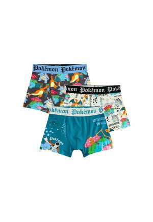 Three pairs of children's boxer shorts featuring colorful Pokémon characters, with elastic waistbands in black and blue, made from soft fabric.