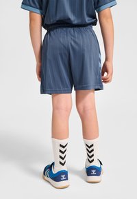 Marineblaue Sportshorts mit vertikalen Streifen, getragen mit weißen Socken, die schwarze Chevron-Muster aufweisen, und blauen Sportschuhen.