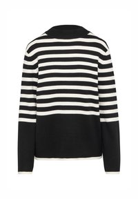 Schwarz-weißer gestreifter Pullover mit rundem Kragen und langen Ärmeln, aus glattem Strickstoff und mit kontrastierendem Saum.