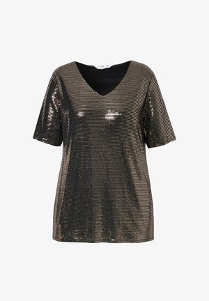 Pailletteret kortærmet top med dyb V-hals, metallic guld- og sort farver og en tekstureret overflade med et gittermønster.