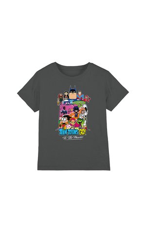 Dark gray T-shirt featuring colorful Teen Titans Go! characters and DC superheroes with "Teen Titans Go! To The Movies" text on front.
