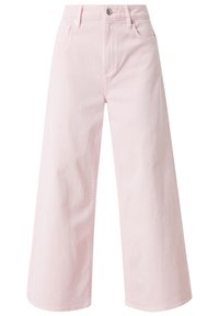 Jean rose à jambes larges en denim, avec une taille haute, quatre poches, une fermeture à boutons à l'avant, et un ourlet net sans ornements.