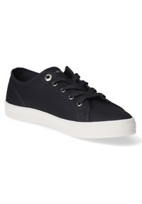 Zapatillas de lona navy con suelas de goma blanca, puntera redonda, y diseño de cordones que presenta ojetes de metal y un panel lateral texturizado.