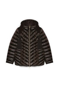 Giubbotto imbottito nero con design a chevron, cappuccio, zip frontale e pannelli laterali in maglia testurizzata. Tessuto liscio con finitura lucida.