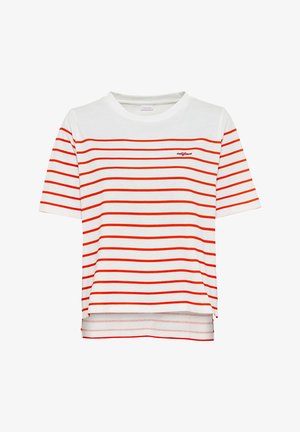 Weißes Kurzarm-T-Shirt mit roten Horizontalstreifen, rundem Halsausschnitt und geradem Schnitt. Enthält ein kleines besticktes Logo auf der Brust.