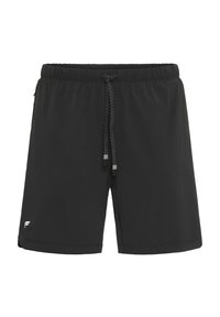 Schwarze Schwimmshorts mit einem elastischen Bund, verstellbarem Kordelzug und einem kleinen weißen Logo auf der linken Seite. Glattes, leichtes Material.