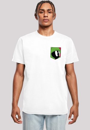 White cotton t-shirt featuring a colorful cartoon eye graphic on the left chest pocket, with short sleeves and a crew neck design.