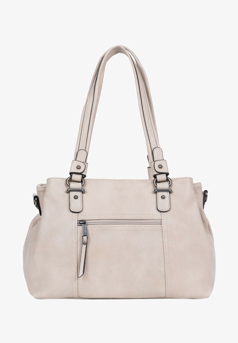 Beżowa torebka tote z syntetycznego materiału, z dwiema regulowanymi ramiączkami na ramię, przednią kieszenią na zamek, gładką teksturą oraz srebrnymi akcentami.