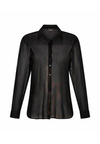 Zwarte, doorschijnende blouse met lange mouwen en kraag, met een knoopsluiting aan de voorkant en contrasterende manchetten. Gestructureerde stof met een gladde afwerking.