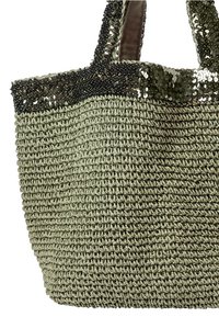 Green woven tote bag with a textured body and a shiny black sequin trim at the top. Features sturdy handles for carrying.