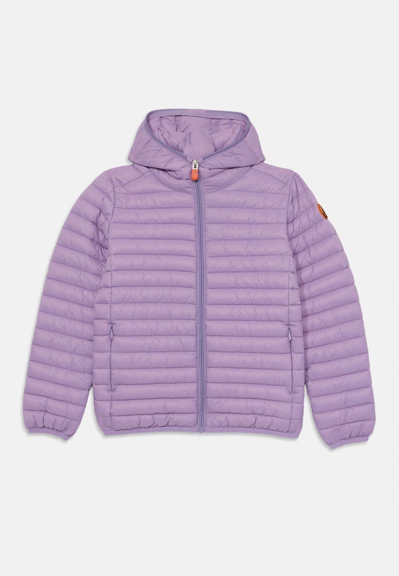 Purple puffer jacket with a zip front and hood, featuring horizontal quilted lines, elastic cuffs, and a small logo on the left sleeve.