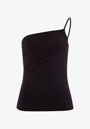 Schwarzes Ein-Schulter-Top aus weichem, dehnbarem Stoff mit tailliertem Design und Raffung an der Seite. Dünner, verstellbarer Träger enthalten.