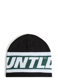 Black knit beanie featuring a white band with large green �“UNTLD” text. Soft texture, rounded shape, and stretchy material for fit.