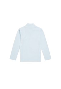 Pull en polaire bleu clair avec un col, des manches longues et une texture lisse, sans matériel ni embellissements visibles.
