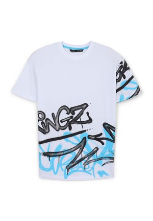 Biała bawełniana koszulka z czarnym i niebieskim nadrukiem w stylu graffiti na przodzie i na prawej rękawie. Klasyczny okrągły dekolt.