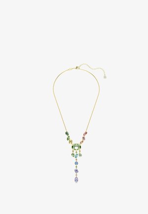 Collier en or orné d'une cascade de pierres précieuses colorées comprenant du vert, du bleu, du rose et du violet, avec une chaîne délicate et une longueur ajustable.