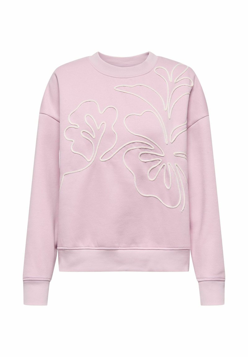 Sweat-shirt rose clair avec broderie florale blanche. Présente un col rond et des poignets côtelés. Tissu doux avec une coupe décontractée.