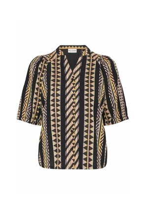 Zwart blouse met korte mouwen, voorzien van kleurrijke geometrische patronen, een V-hals, knopen aan de voorkant en een textuurstof.