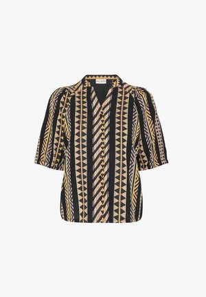 Zwart blouse met korte mouwen, voorzien van kleurrijke geometrische patronen, een V-hals, knopen aan de voorkant en een textuurstof.