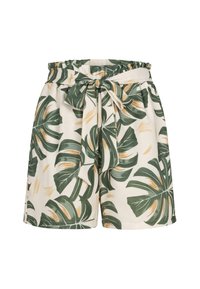 White shorts with a green and yellow tropical leaf pattern, featuring an elastic waistband and a tied bow detail at the front.