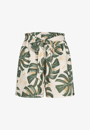 Bílé šortky s zeleným a žlutým tropickým listovým vzorem, vybavené elastickým páskem a mašlí na přední straně.