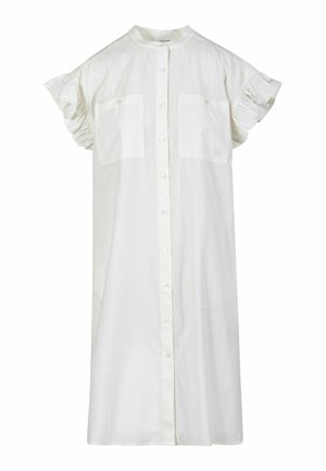 Biele šaty sa zapínajú na gombíky, s dĺžkou po kolená, krátkymi volánikmi na rukávoch a dvoma náprsníkovými vreckami so zapínaním na gombíky.