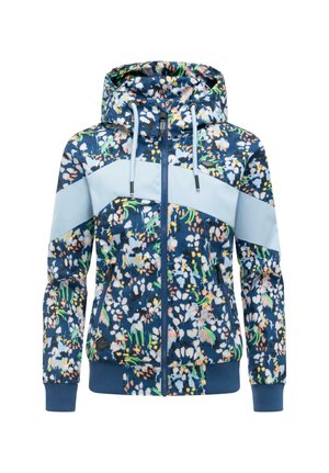 Blaues Kapuzenjacke mit Reißverschluss, hellblauen diagonalen Streifen und mehrfarbigem Blumenmuster, Rippbündchen und Kordelzugkapuze.