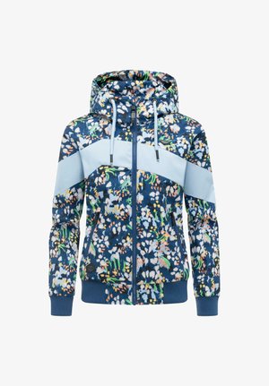 Niebieska kurtka z kapturem na zamek błyskawiczny, z jasnoniebieskimi ukośnymi paskami i wielokolorowym wzorem kwiatowym, ze ściągaczami przy mankietach i sznurkiem do regulacji kaptura.