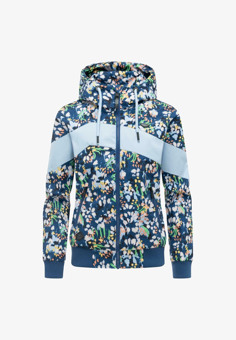 Niebieska kurtka z kapturem na zamek błyskawiczny, z jasnoniebieskimi ukośnymi paskami i wielokolorowym wzorem kwiatowym, ze ściągaczami przy mankietach i sznurkiem do regulacji kaptura.