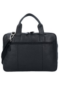 Black leather laptop bag with dual top handles, adjustable shoulder strap, and zipper closure. Features front zip pocket and textured surface.