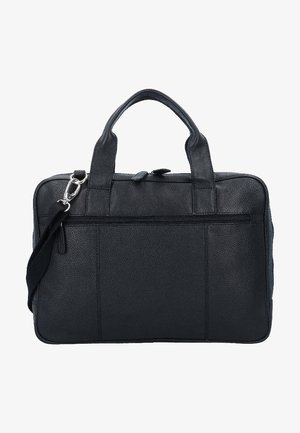 Schwarze Leder-Laptoptasche mit zwei oberen Griffen, verstellbarem Schultergurt und Reißverschlussverschluss. Mit einer Reißverschlusstasche vorne und strukturiertem Oberflächenmaterial.
