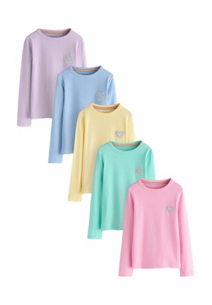 Five long-sleeve shirts in pastel colors purple, blue, yellow, mint, and pink, each with a small multicolored heart on the chest.
