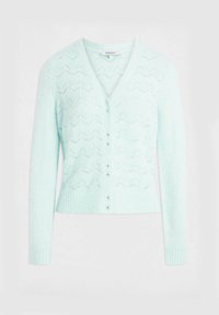 Cardigan azzurro chiaro con scollo a V, maniche lunghe e un motivo a zigzag testurizzato. Presenta bottoni argentati lungo la parte anteriore e un orlo a costine.