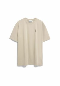 Beige katoenen t-shirt met een ronde hals en korte mouwen. Heeft een klein lichtgekleurd logo op de linkerborst.