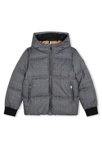 Grå pufferjakke med hette, med et teksturert rutemønster, to frontlommeposer med glidelås og ribbestrikkede mansjetter. Foret indre.