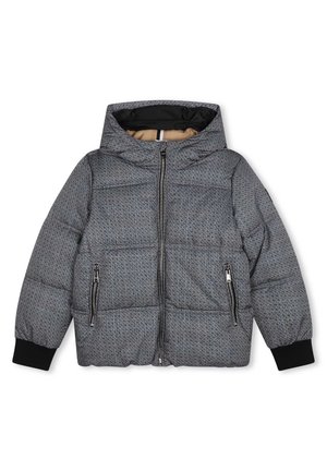Grijze pufferjas met een capuchon, voorzien van een gestructureerd ruitpatroon, twee voorzakken met ritssluiting en ribgebreide manchetten. Voering aan de binnenkant.