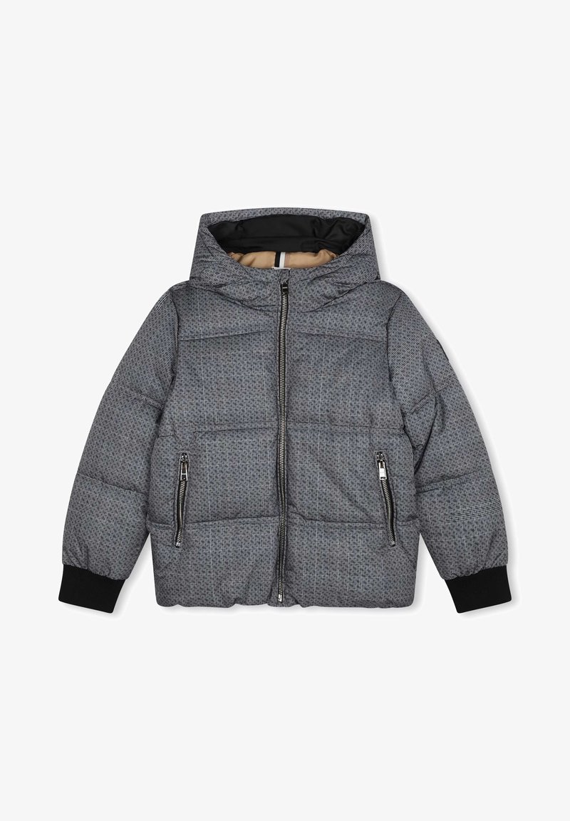 Gray puffer jacket with a hood, featuring a textured checkered pattern, two front zippered pockets, and ribbed cuffs. Lined interior.