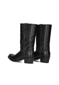 Zwarte leren enkellaarsjes met een spitse neus, een middelgrote blokhak en subtiele stiksels aan de zijkanten. Ritssluiting aan de achterkant.