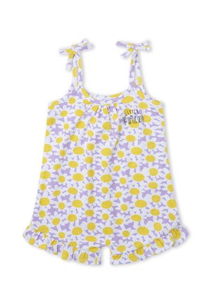 Mono para niño pequeño con patrón de margaritas amarillas y blancas sobre fondo lavanda, tirantes anudados y texto "Little Friend" en el pecho.