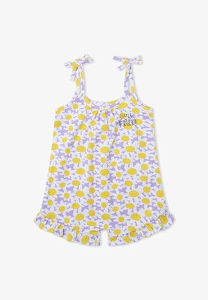 Mono para niño pequeño con patrón de margaritas amarillas y blancas sobre fondo lavanda, tirantes anudados y texto "Little Friend" en el pecho.