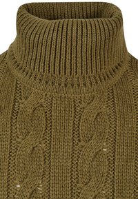 Pull col roulé en tricot vert olive avec un motif en torsades texturé et des détails côtelés, fabriqué à partir d’un fil doux et épais.