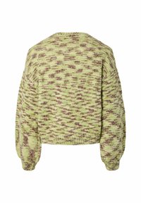 Grüner und brauner gemusterter Pullover, Strickstruktur, Rundhalsausschnitt, lange Ärmel, cropped Länge, lockere Passform und gerippte Ärmeldetails.