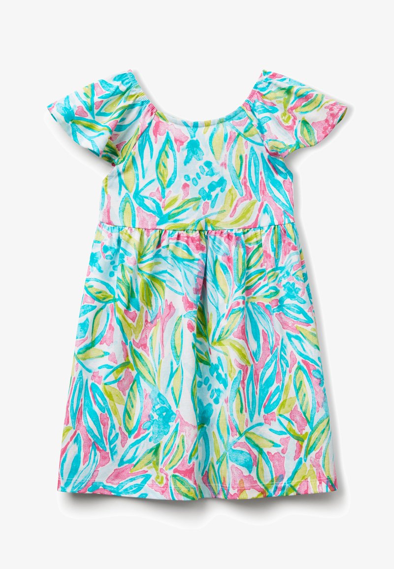 Robe en coton ornée d'un motif floral coloré en turquoise, rose et vert, avec des manches courtes à volants et une taille froncée.