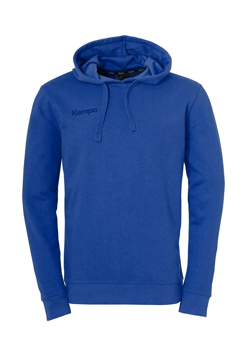 Blauer Kapuzenpullover aus weichem Material. Verfügt über eine Kängurutasche und Zugbänder. "Kempa"-Logo in Dunkelblau auf der Brust aufgedruckt.
