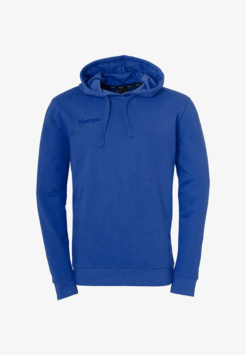 Blauer Kapuzenpullover aus weichem Material. Verfügt über eine Kängurutasche und Zugbänder. "Kempa"-Logo in Dunkelblau auf der Brust aufgedruckt.