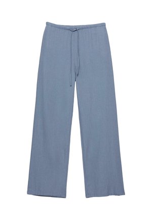 Lichtblauwe wijd uitlopende broek met elastische tailleband en centrale trekkoord, gemaakt van zachte, gestructureerde stof.