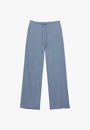 Lichtblauwe wijd uitlopende broek met elastische tailleband en centrale trekkoord, gemaakt van zachte, gestructureerde stof.